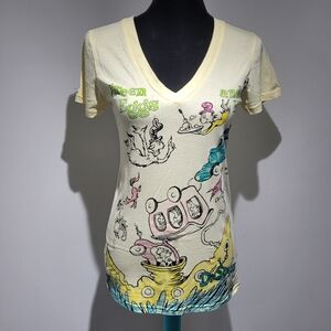 Dr. Seuss Women's Green Eggs and Ham Cotton Graphic V-Neck Tee Large Yellow
